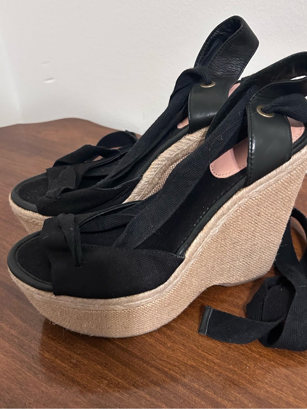Joie Black Espadrille Wedge Sandals with Ankle Straps Wrap Ties Size 8
